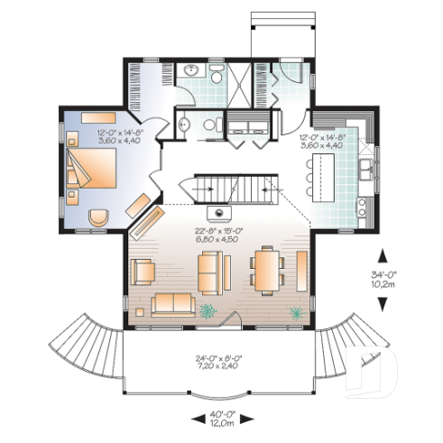 1st level - Walkout basement house plan, country cottage, master suite on main floor, mezzanine and large covered deck - Drummond Vistas