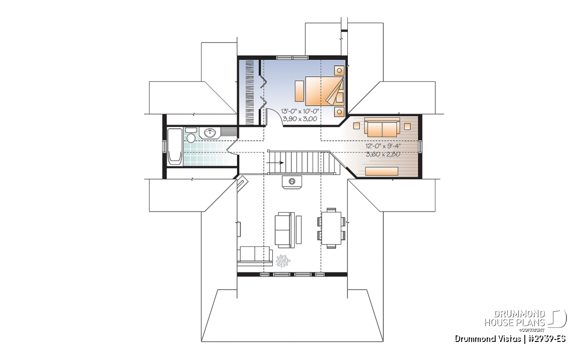 2nd level - Walkout basement house plan, country cottage, master suite on main floor, mezzanine and large covered deck - Drummond Vistas