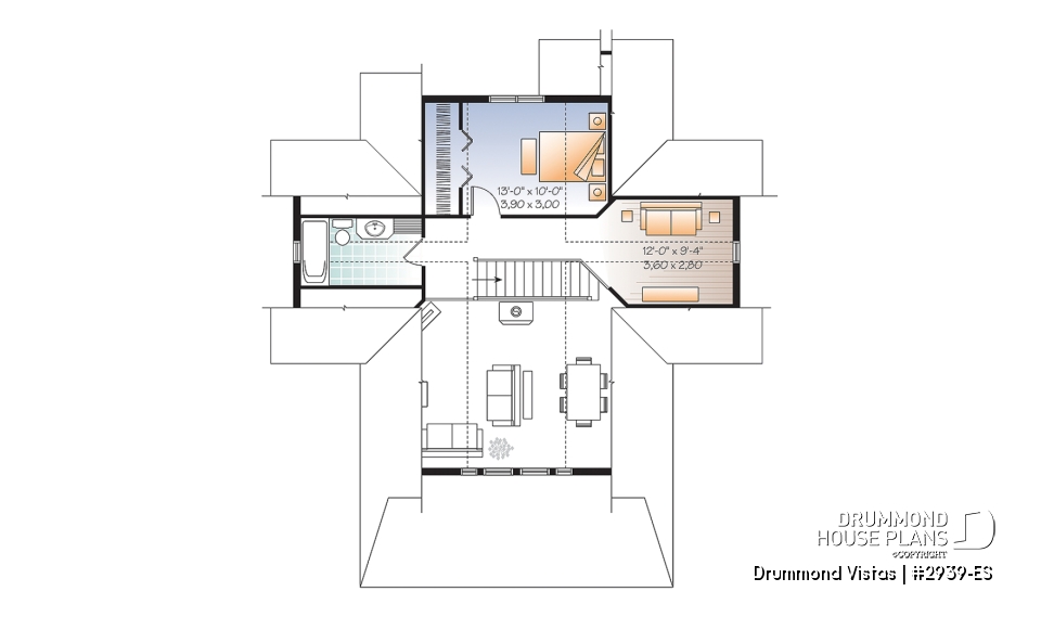 2nd level - Walkout basement house plan, country cottage, master suite on main floor, mezzanine and large covered deck - Drummond Vistas