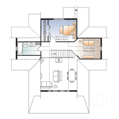 2nd level - Walkout basement house plan, country cottage, master suite on main floor, mezzanine and large covered deck - Drummond Vistas
