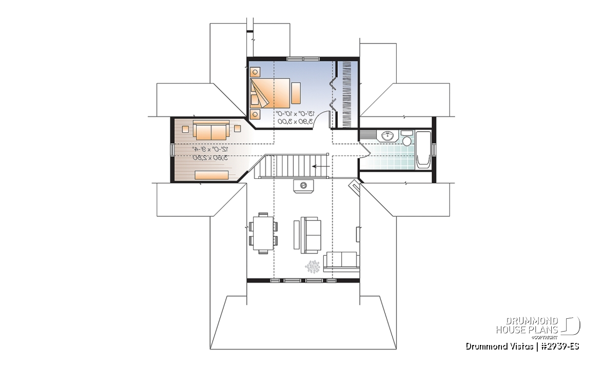 2nd level - Walkout basement house plan, country cottage, master suite on main floor, mezzanine and large covered deck - Drummond Vistas