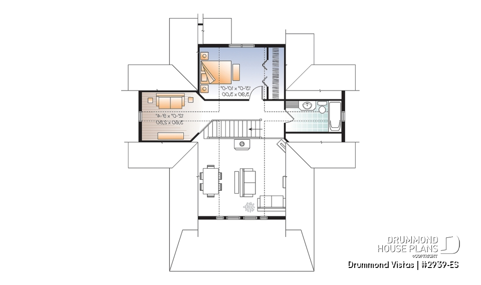 2nd level - Walkout basement house plan, country cottage, master suite on main floor, mezzanine and large covered deck - Drummond Vistas