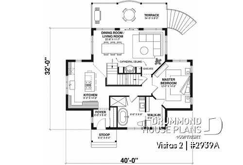 1st level - A-Frame cottage house plan, 2 bedrooms + loft, cathedral ceiling, walkout basement - Vistas 2