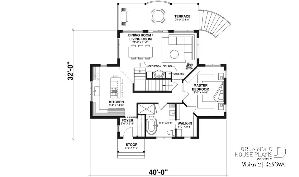 1st level - A-Frame cottage house plan, 2 bedrooms + loft, cathedral ceiling, walkout basement - Vistas 2