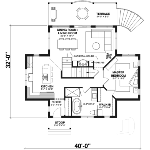 1st level - A-Frame cottage house plan, 2 bedrooms + loft, cathedral ceiling, walkout basement - Vistas 2