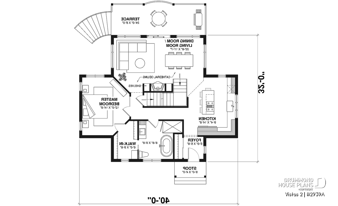 1st level - A-Frame cottage house plan, 2 bedrooms + loft, cathedral ceiling, walkout basement - Vistas 2