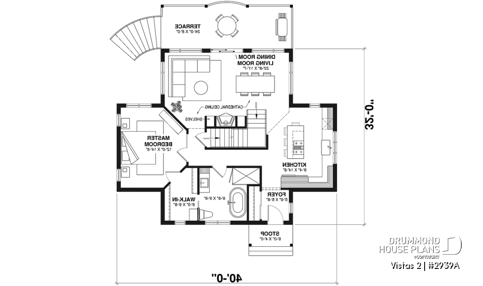 1st level - A-Frame cottage house plan, 2 bedrooms + loft, cathedral ceiling, walkout basement - Vistas 2
