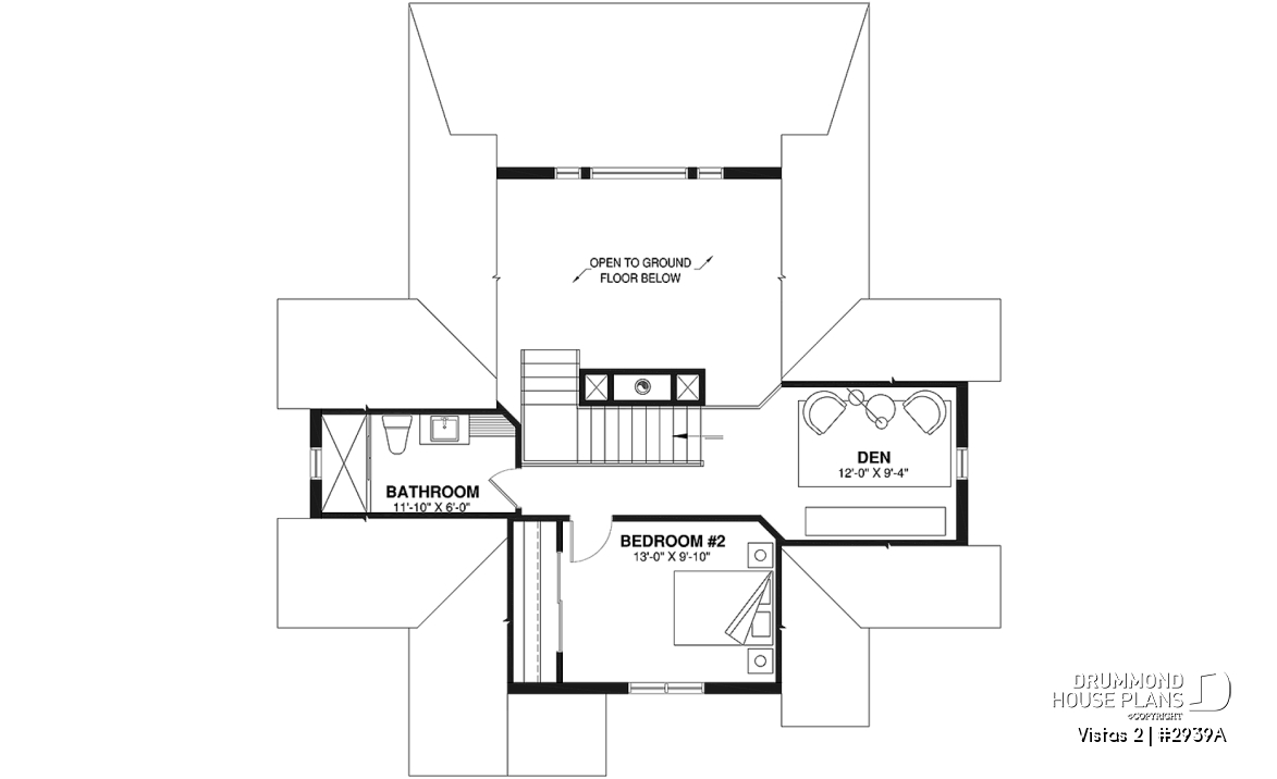2nd level - A-Frame cottage house plan, 2 bedrooms + loft, cathedral ceiling, walkout basement - Vistas 2