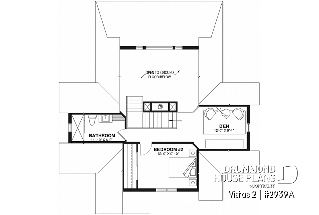 2nd level - A-Frame cottage house plan, 2 bedrooms + loft, cathedral ceiling, walkout basement - Vistas 2
