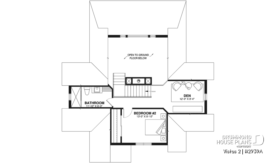 2nd level - A-Frame cottage house plan, 2 bedrooms + loft, cathedral ceiling, walkout basement - Vistas 2
