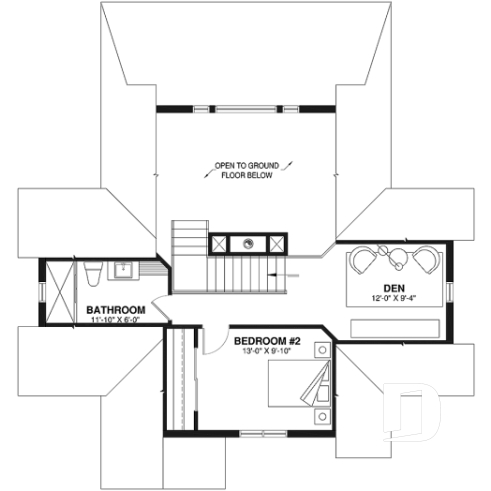 2nd level - A-Frame cottage house plan, 2 bedrooms + loft, cathedral ceiling, walkout basement - Vistas 2