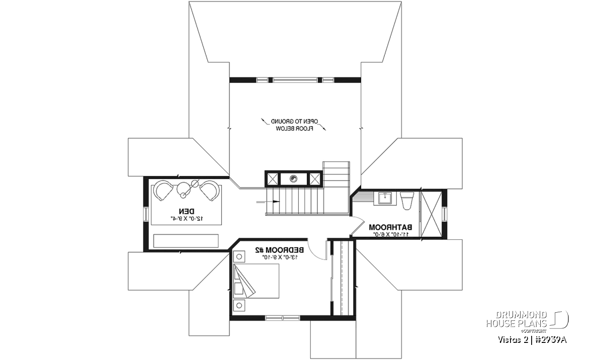 2nd level - A-Frame cottage house plan, 2 bedrooms + loft, cathedral ceiling, walkout basement - Vistas 2