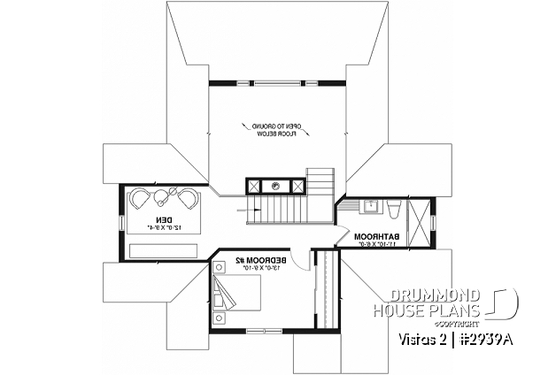 2nd level - A-Frame cottage house plan, 2 bedrooms + loft, cathedral ceiling, walkout basement - Vistas 2