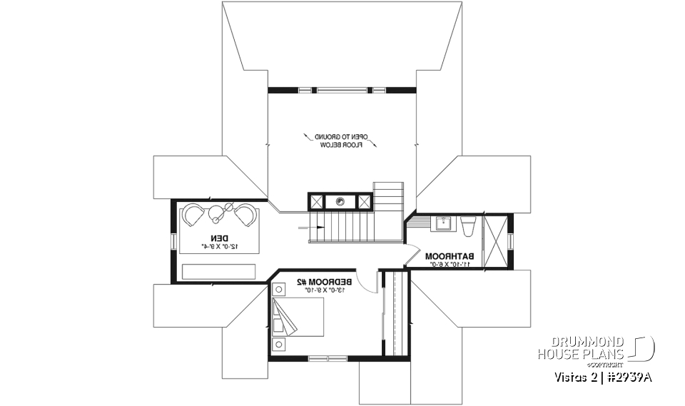 2nd level - A-Frame cottage house plan, 2 bedrooms + loft, cathedral ceiling, walkout basement - Vistas 2