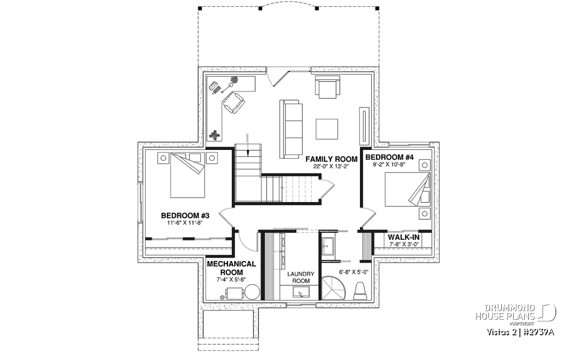 Basement - A-Frame cottage house plan, 2 bedrooms + loft, cathedral ceiling, walkout basement - Vistas 2