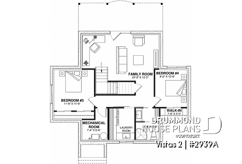 Basement - A-Frame cottage house plan, 2 bedrooms + loft, cathedral ceiling, walkout basement - Vistas 2