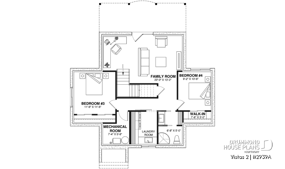 Basement - A-Frame cottage house plan, 2 bedrooms + loft, cathedral ceiling, walkout basement - Vistas 2