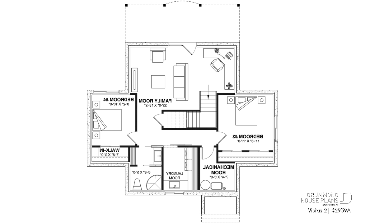Basement - A-Frame cottage house plan, 2 bedrooms + loft, cathedral ceiling, walkout basement - Vistas 2
