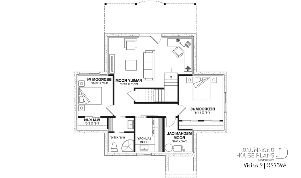 Basement - A-Frame cottage house plan, 2 bedrooms + loft, cathedral ceiling, walkout basement - Vistas 2