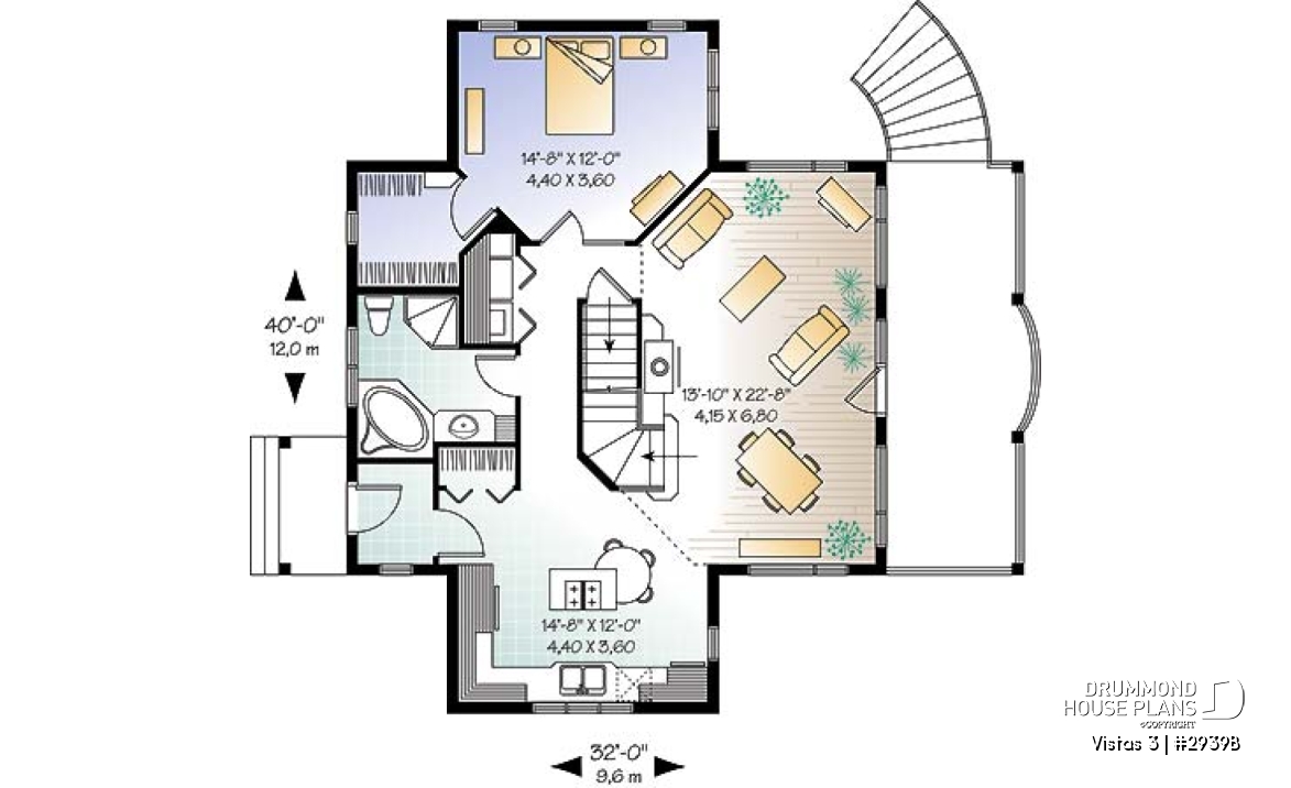 1st level - Country cottage house plan, economical, walkout basement, large terrace, master on main - Vistas 3