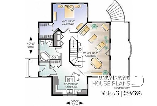 1st level - Country cottage house plan, economical, walkout basement, large terrace, master on main - Vistas 3