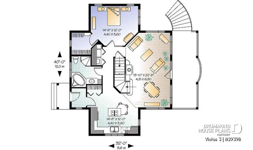 1st level - Country cottage house plan, economical, walkout basement, large terrace, master on main - Vistas 3
