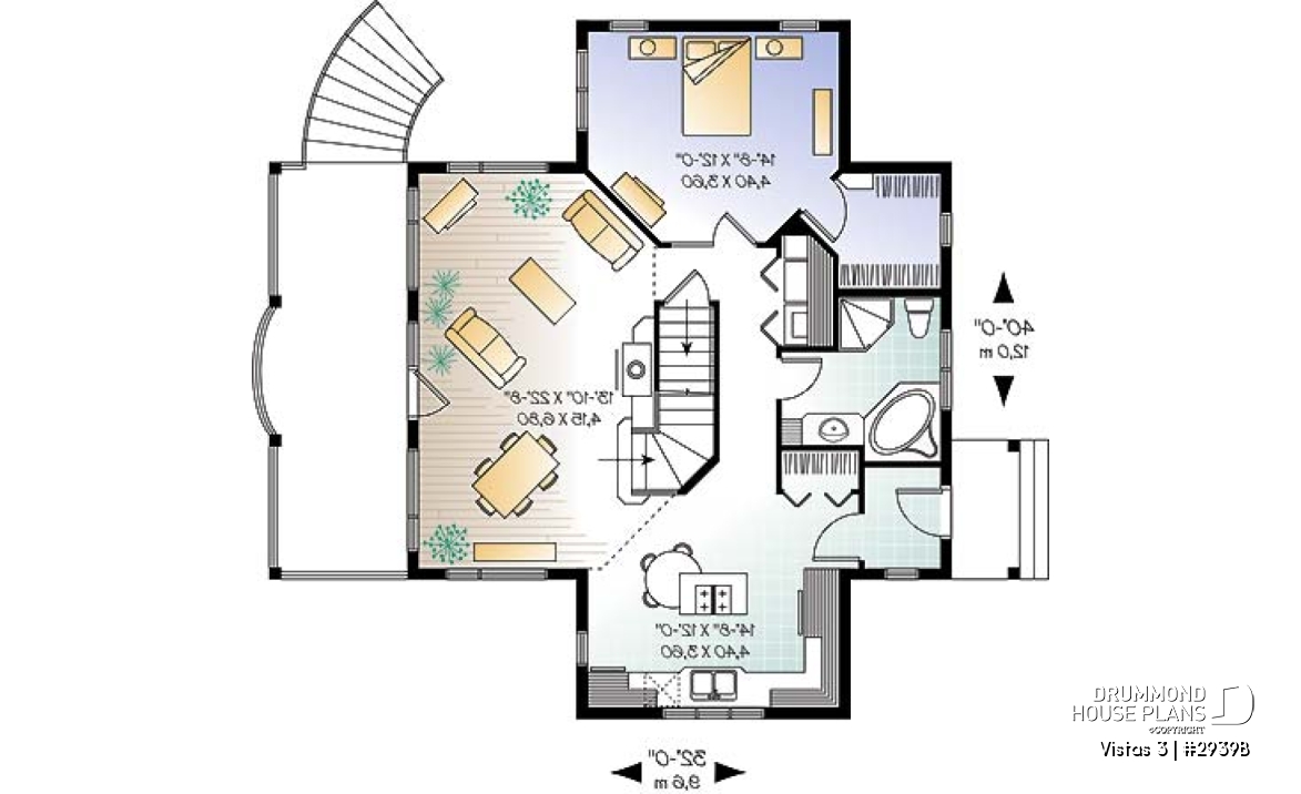 1st level - Country cottage house plan, economical, walkout basement, large terrace, master on main - Vistas 3