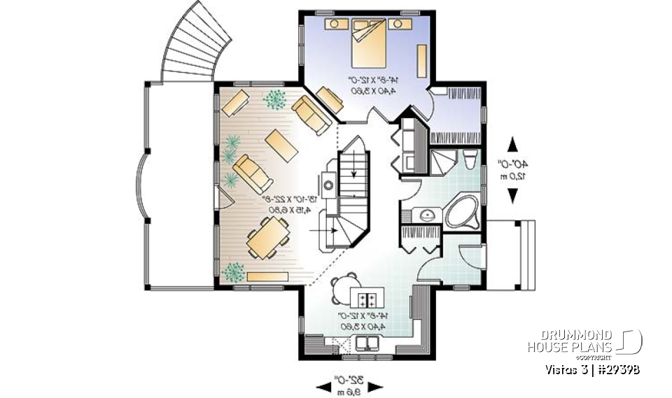 1st level - Country cottage house plan, economical, walkout basement, large terrace, master on main - Vistas 3