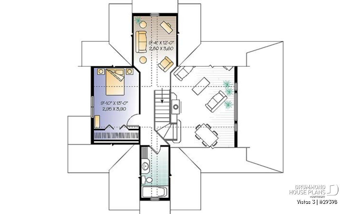 2nd level - Country cottage house plan, economical, walkout basement, large terrace, master on main - Vistas 3