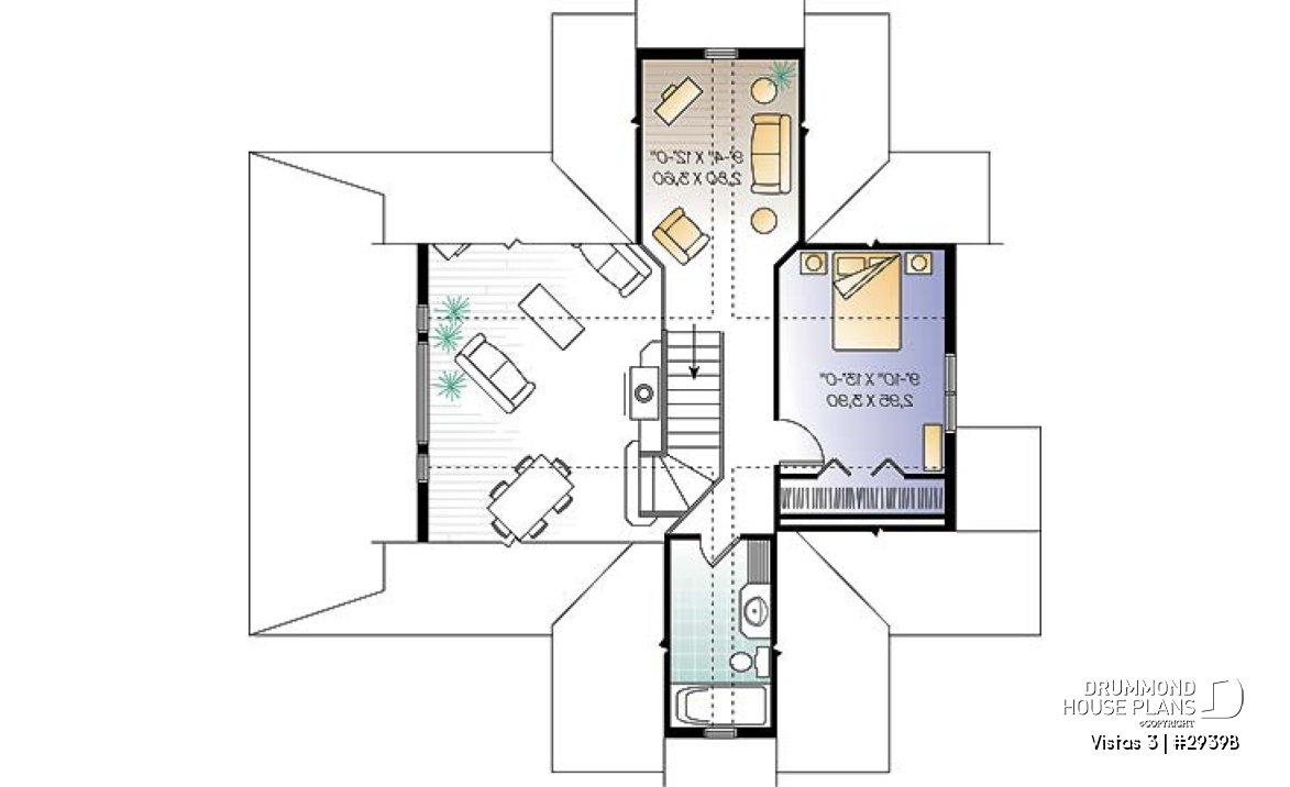 2nd level - Country cottage house plan, economical, walkout basement, large terrace, master on main - Vistas 3