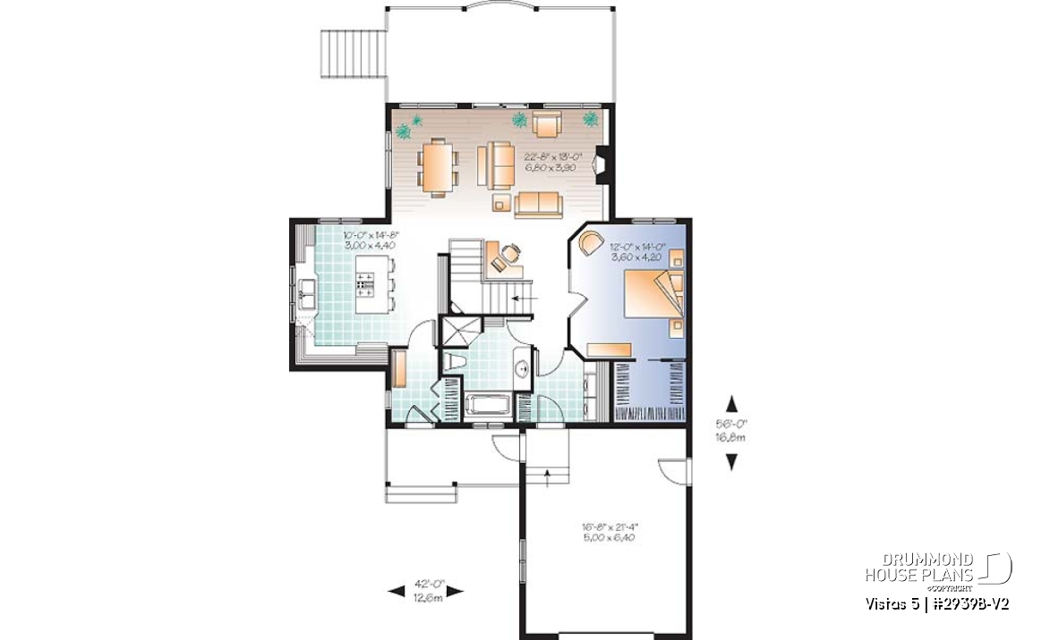 1st level - Charming chalet cottage house plan, 1 to 3 bedrooms, garage, 2 family rooms, finished walkout basement - Vistas 5