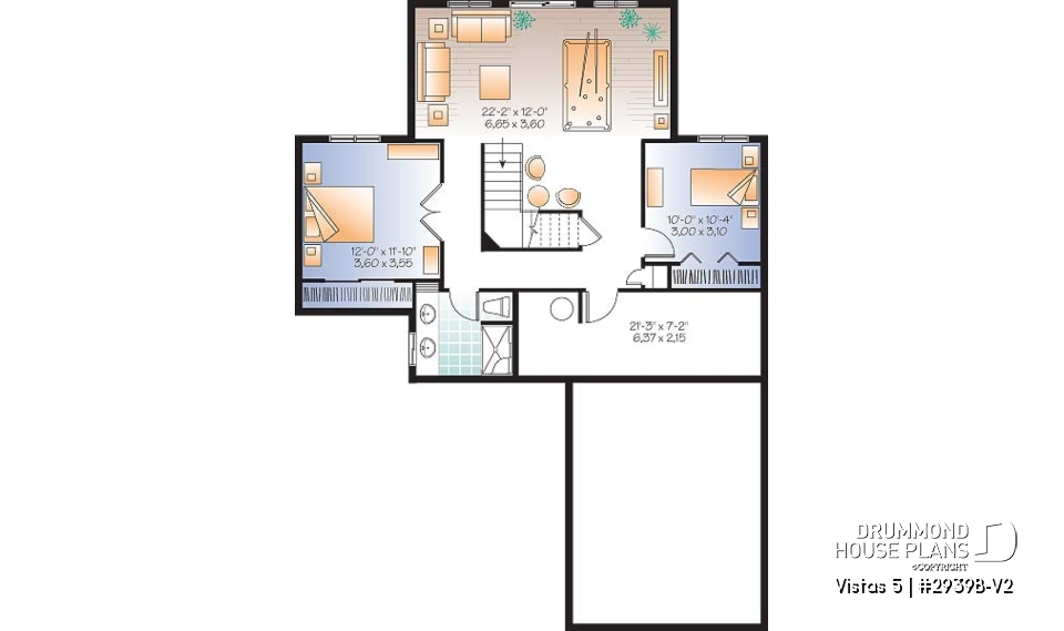 Basement - Charming chalet cottage house plan, 1 to 3 bedrooms, garage, 2 family rooms, finished walkout basement - Vistas 5