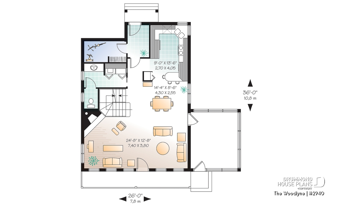 1st level - Country cottage house plan with 2 large bedrooms, open main floor concept, fireplace, screened-in porch - The Woodlyne
