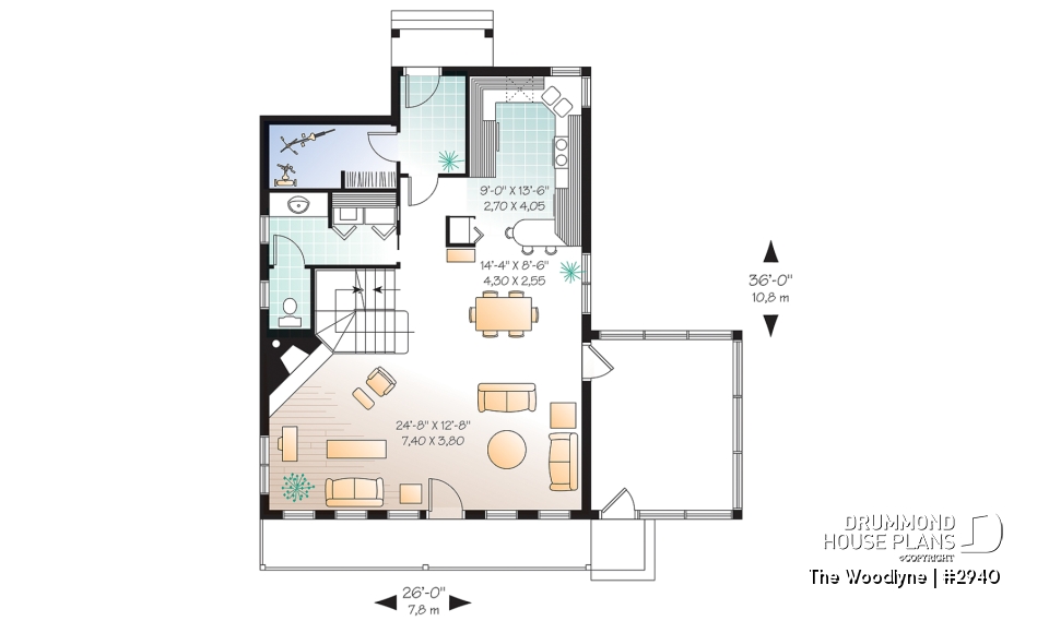 1st level - Country cottage house plan with 2 large bedrooms, open main floor concept, fireplace, screened-in porch - The Woodlyne