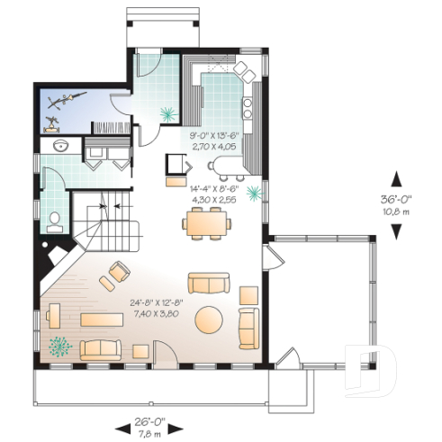 1st level - Country cottage house plan with 2 large bedrooms, open main floor concept, fireplace, screened-in porch - The Woodlyne