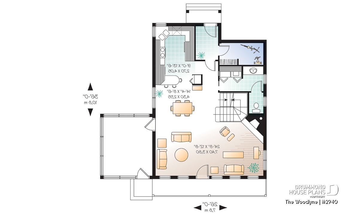 1st level - Country cottage house plan with 2 large bedrooms, open main floor concept, fireplace, screened-in porch - The Woodlyne