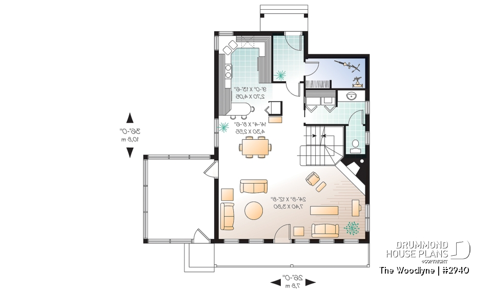 1st level - Country cottage house plan with 2 large bedrooms, open main floor concept, fireplace, screened-in porch - The Woodlyne