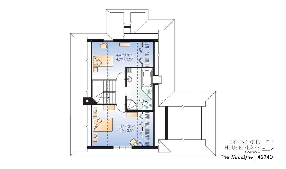 2nd level - Country cottage house plan with 2 large bedrooms, open main floor concept, fireplace, screened-in porch - The Woodlyne