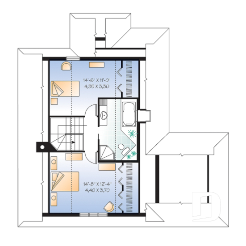 2nd level - Country cottage house plan with 2 large bedrooms, open main floor concept, fireplace, screened-in porch - The Woodlyne