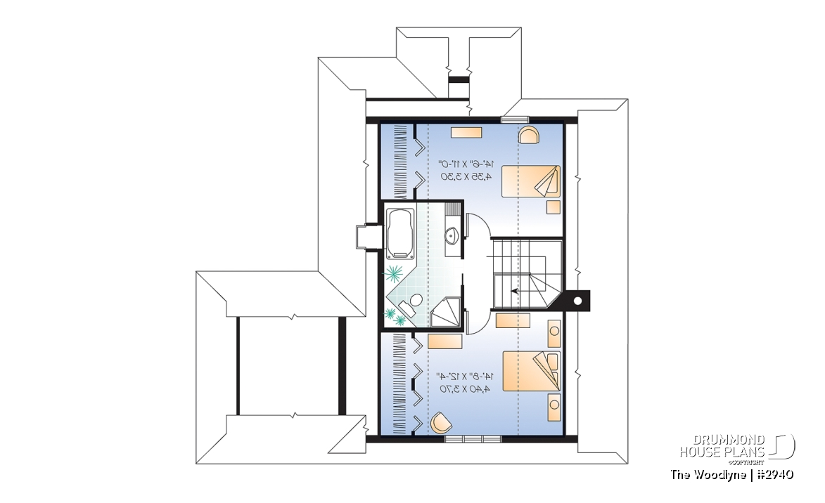 2nd level - Country cottage house plan with 2 large bedrooms, open main floor concept, fireplace, screened-in porch - The Woodlyne