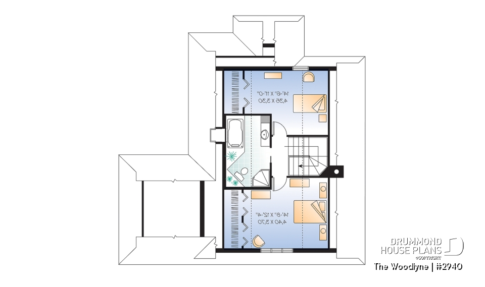 2nd level - Country cottage house plan with 2 large bedrooms, open main floor concept, fireplace, screened-in porch - The Woodlyne