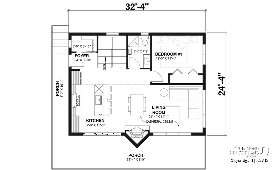 1st level - Affordable small cottage plan with walkout basement, cathedral ceiling, large fireplace and up to 3 bedrooms - Skybridge 4