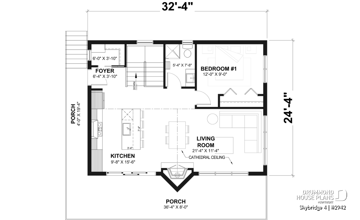 1st level - Affordable small cottage plan with walkout basement, cathedral ceiling, large fireplace and up to 3 bedrooms - Skybridge 4