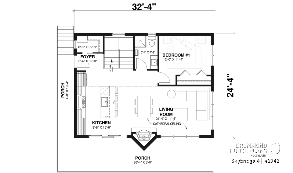 1st level - Affordable small cottage plan with walkout basement, cathedral ceiling, large fireplace and up to 3 bedrooms - Skybridge 4