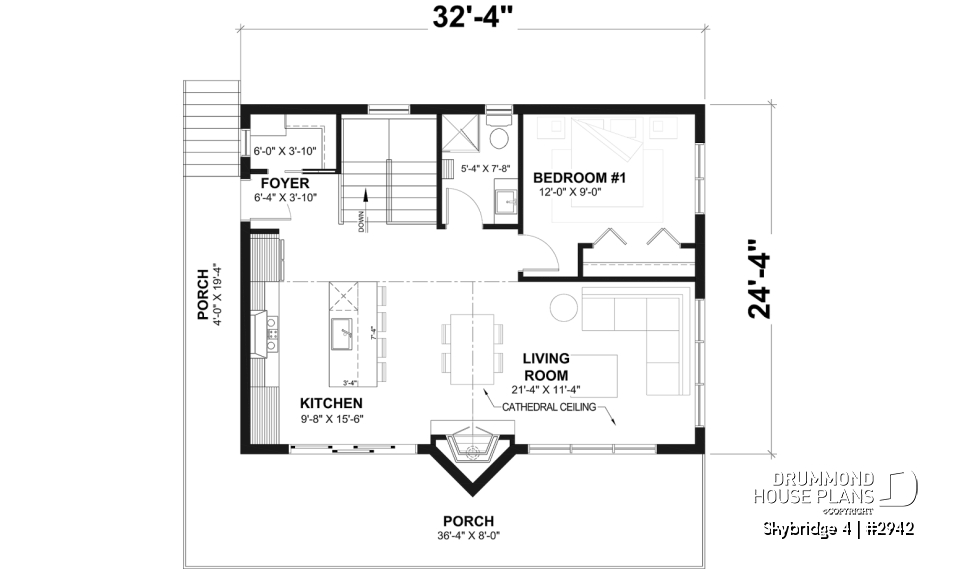 1st level - Affordable small cottage plan with walkout basement, cathedral ceiling, large fireplace and up to 3 bedrooms - Skybridge 4