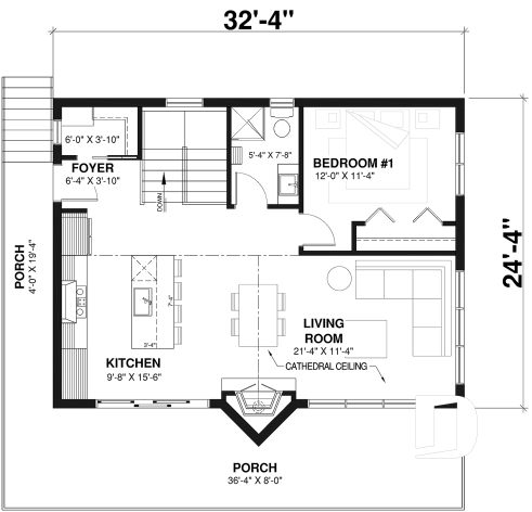 1st level - Affordable small cottage plan with walkout basement, cathedral ceiling, large fireplace and up to 3 bedrooms - Skybridge 4