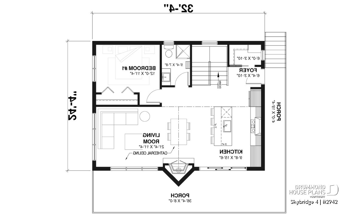 1st level - Affordable small cottage plan with walkout basement, cathedral ceiling, large fireplace and up to 3 bedrooms - Skybridge 4