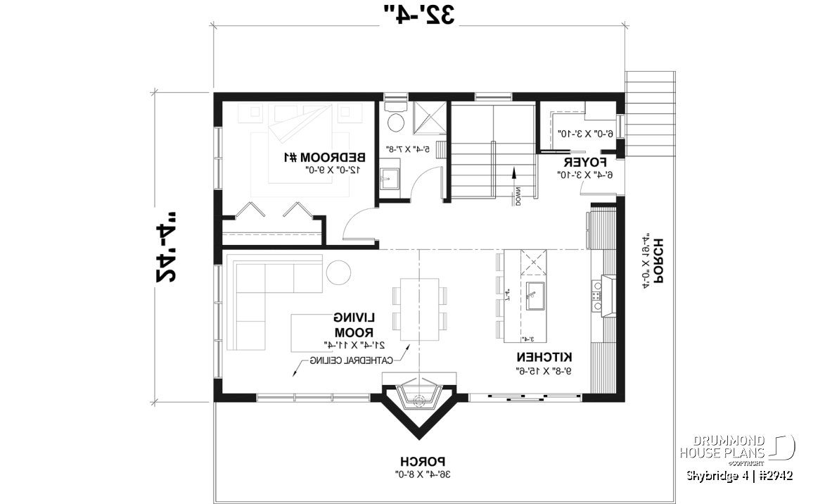 1st level - Affordable small cottage plan with walkout basement, cathedral ceiling, large fireplace and up to 3 bedrooms - Skybridge 4