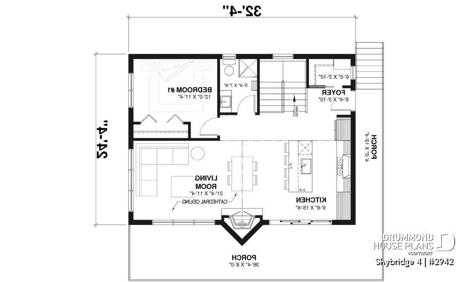 1st level - Affordable small cottage plan with walkout basement, cathedral ceiling, large fireplace and up to 3 bedrooms - Skybridge 4