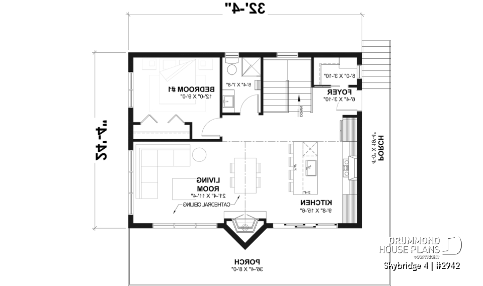 1st level - Affordable small cottage plan with walkout basement, cathedral ceiling, large fireplace and up to 3 bedrooms - Skybridge 4